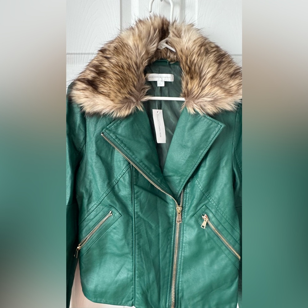 New York & Company Emerald Green Faux Leather Moto Jacket with Faux Fur Trim - Picture 2 of 14
